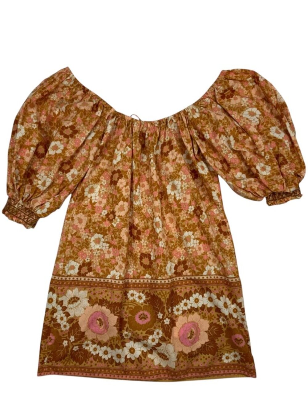 Spell and The Gypsy Anne Tunic Dress M Tan Floral Mini Off The Shoulder - Picture 14 of 16